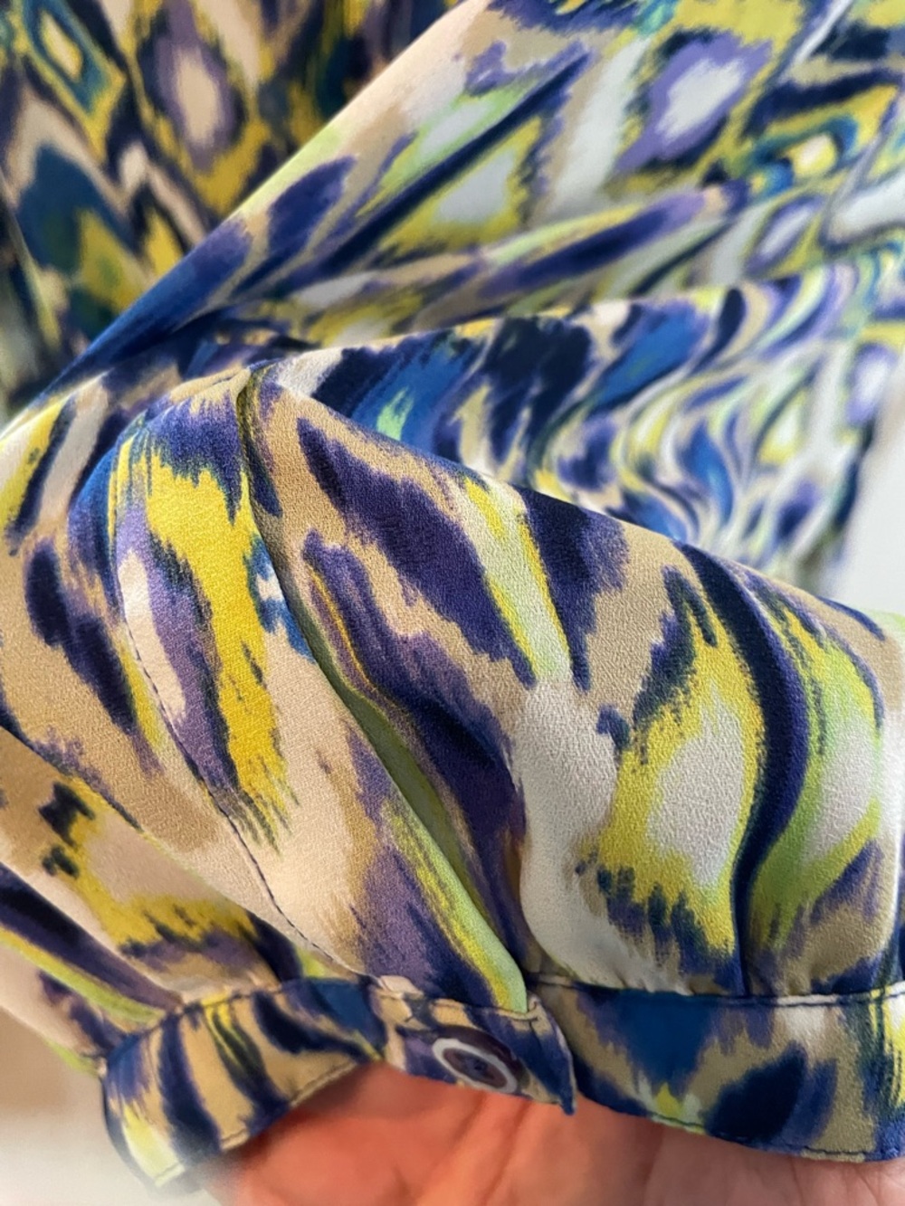NYDJ Vibrant Ikat-Print Blouse in Blue, Yellow & Green - Picture 4 of 15